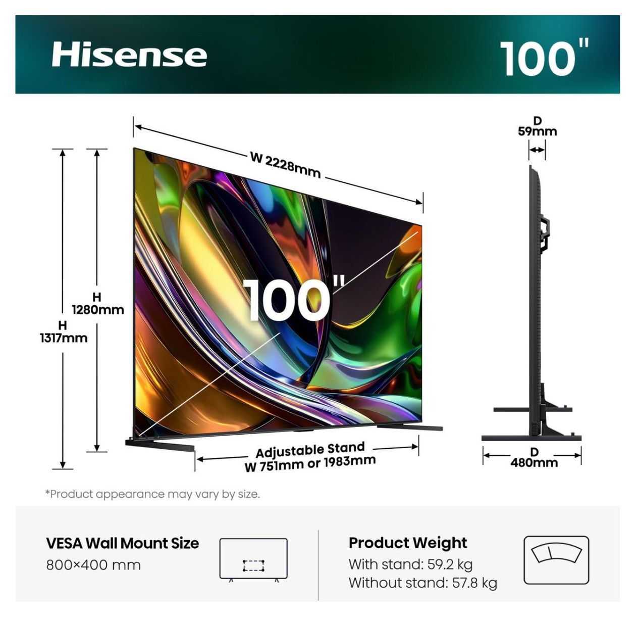 100UR8DS LED 2,54 m (100 Zoll) Fernseher 4K Ultra HD VESA 800 x 400 mm 
