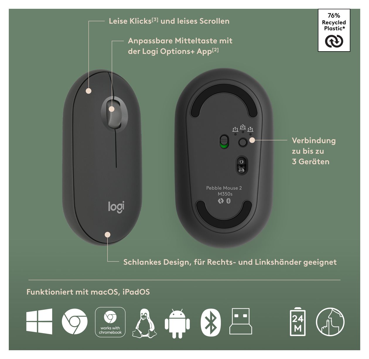 Pebble 2 M350s 4000 DPI Reisen Maus Optisch  (Graphit) 