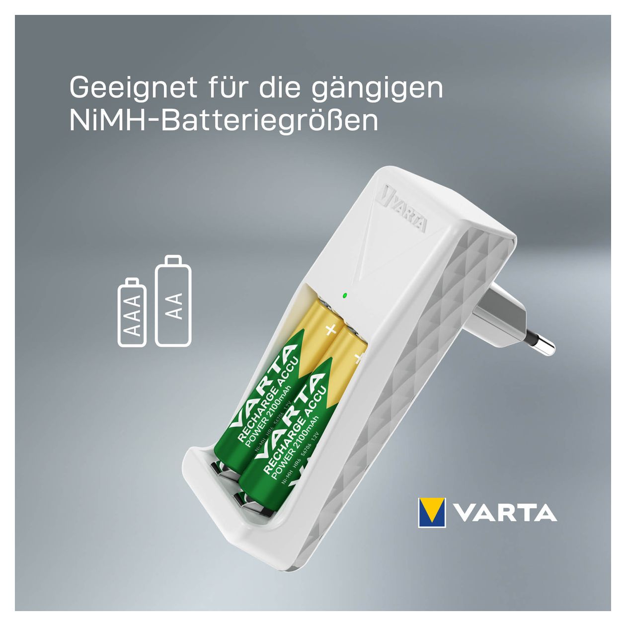Akku Ladegerät, Batterieladegerät für wiederaufladbare Batterien, lädt 2 oder 4 AA/AAA gleichzeitig, Pocket Charger, kompakte Form, unbestückt, weiß 