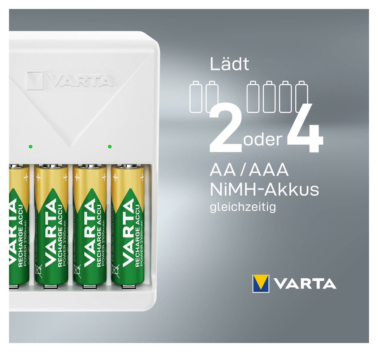 Akku Ladegerät, inkl. 4X AA 2100mAh, Batterieladegerät für wiederaufladbare Batterien, lädt 2 oder 4 AA/AAA gleichzeitig, Plug Charger, weiß 