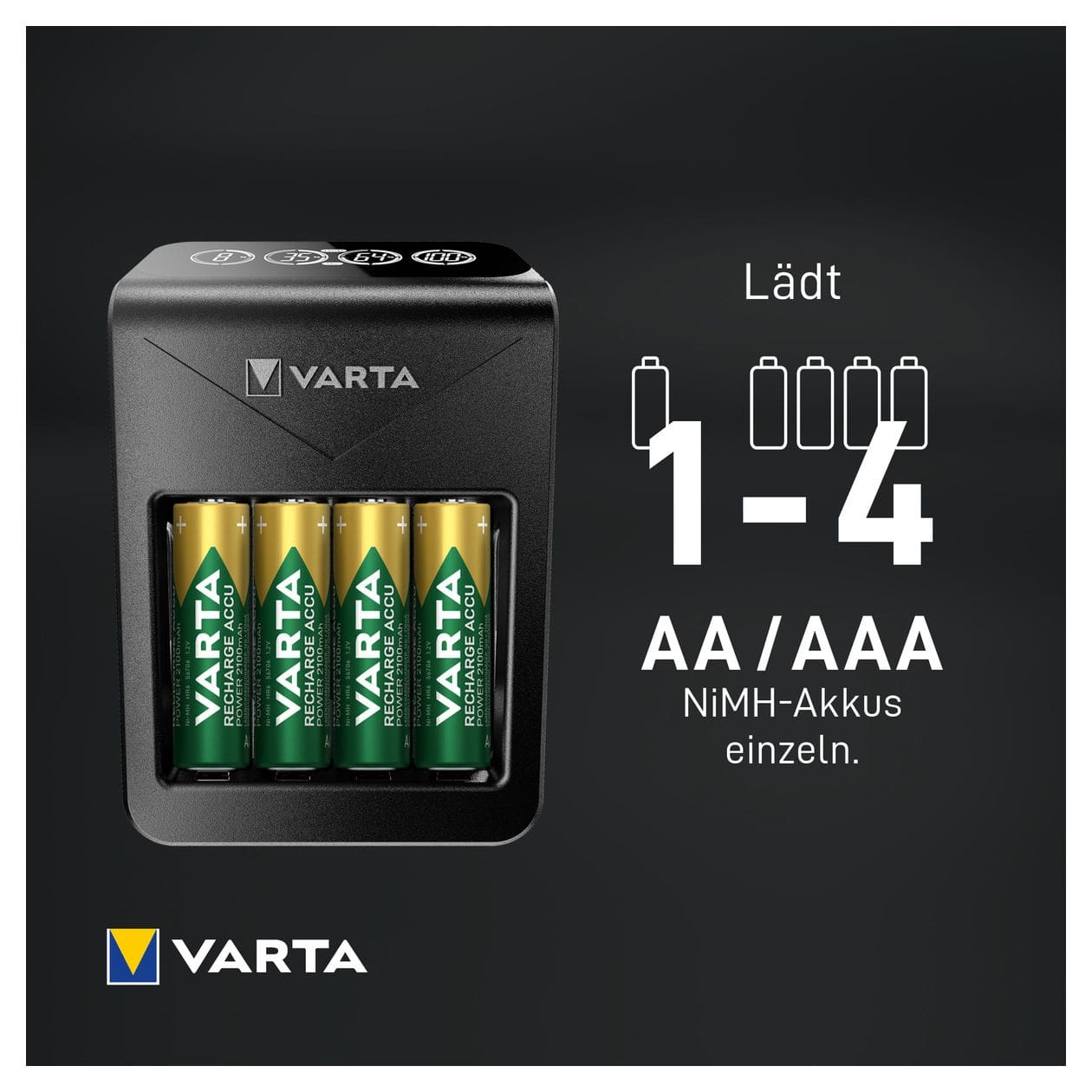 Akku Ladegerät, inkl. 4X AA 2100mAh, Batterieladegerät für wiederaufladbare AA/AAA/9V und USB Geräte, LCD Plug Charger+, Einzelschachtladung 