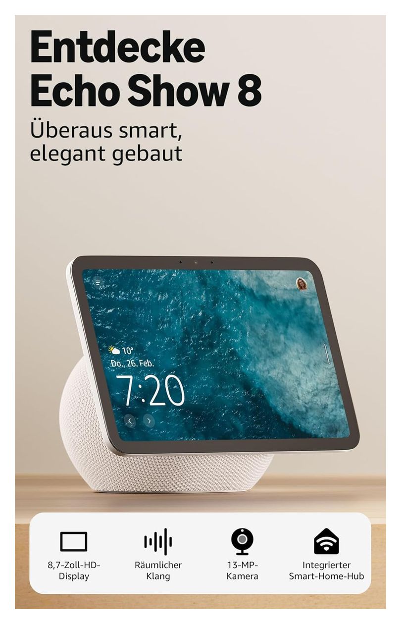 Echo Show 8 Wlan Lautsprecher mit Bluetooth Amazon Alexa  (Weiß) 