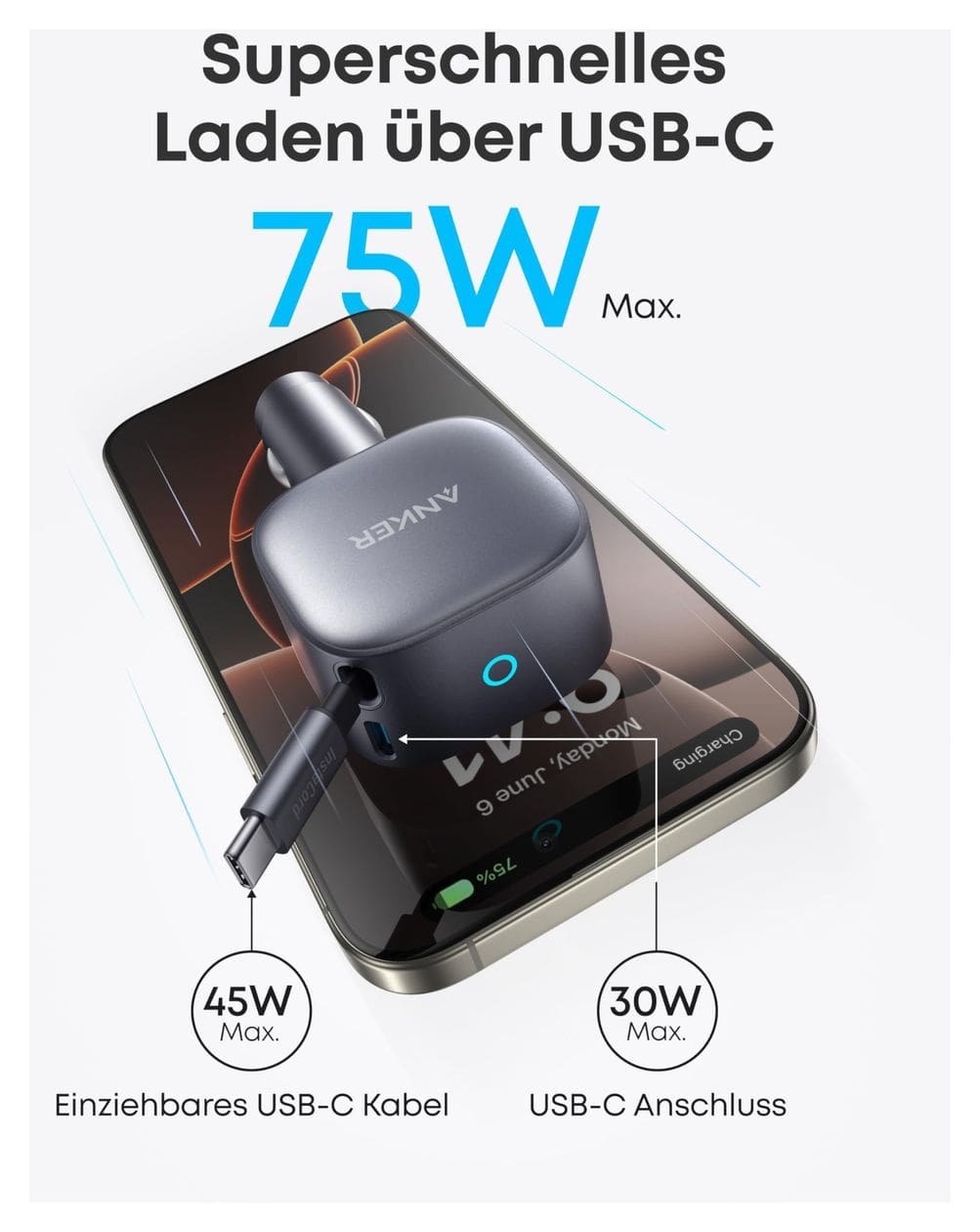 Nano Kfz-Ladegerät (75W, USB-C Port, Integriertes einziehbares USB-C Kabel) 