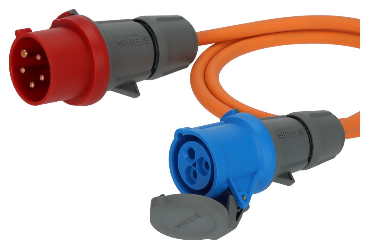 Camping Adapterkabel mit 400 V/16 A CEE-Stecker und 230 V/16 A CEE-Kupplung 1,5 m (Blau/Grau/Orange/Rot) 