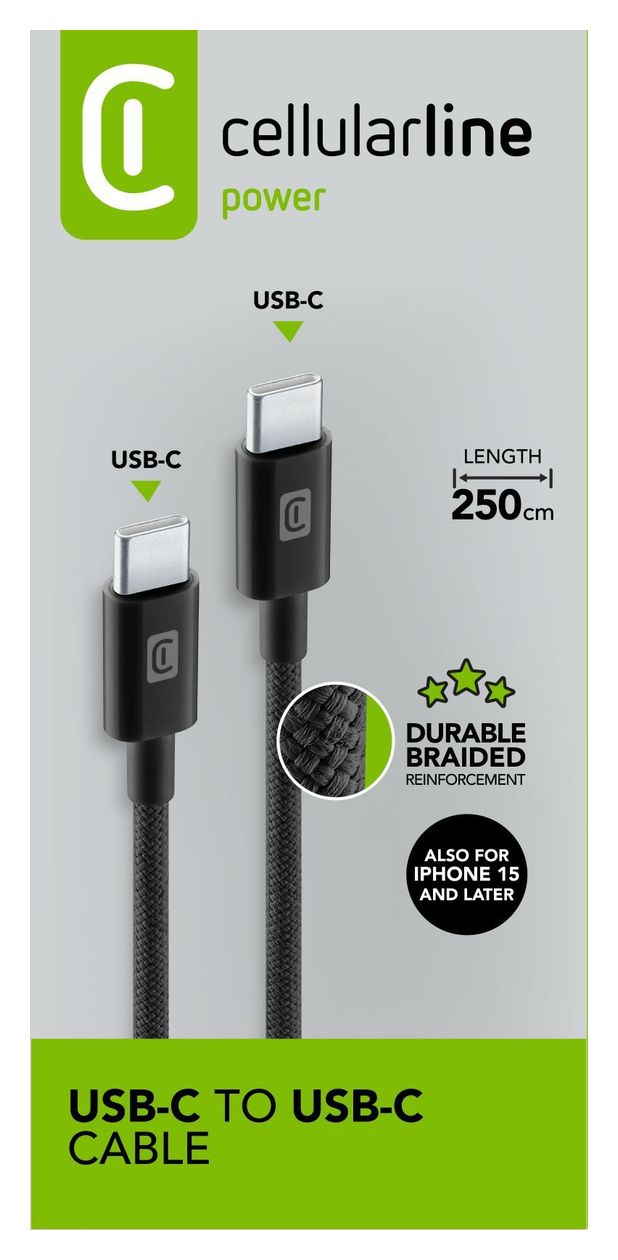 Braided Data Cable Rundkabel USB C auf USB C Männlich bis 60 W 2,5 m  (Schwarz) 