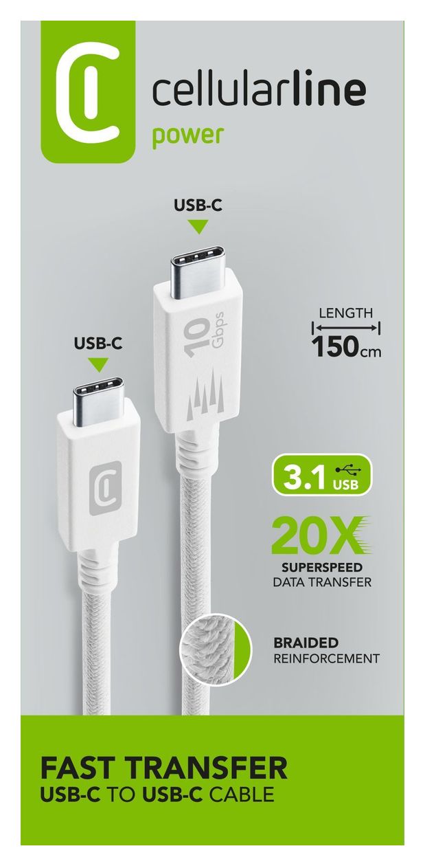 Fast Transfer 10 Gbit/s Rundkabel USB C auf USB C Männlich bis 100 W 1,5 m  (Weiß) 