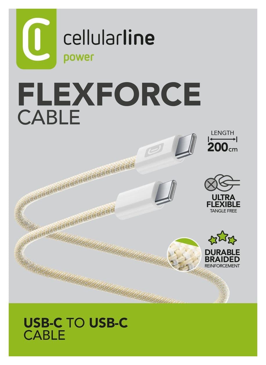 Flexforce Cable Rundkabel USB C auf USB C Männlich bis 60 W 2 m  (Gelb) 