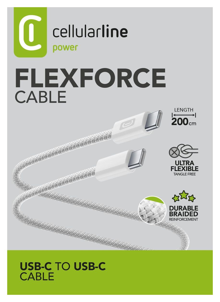 Flexforce Cable Rundkabel USB C auf USB C Männlich bis 60 W 2 m  (Weiß) 