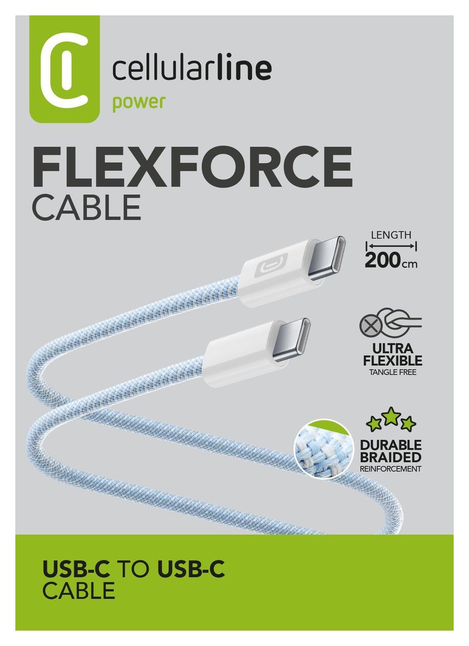 Flexforce Cable Rundkabel USB C auf USB C Männlich bis 60 W 2 m  (Blau) 
