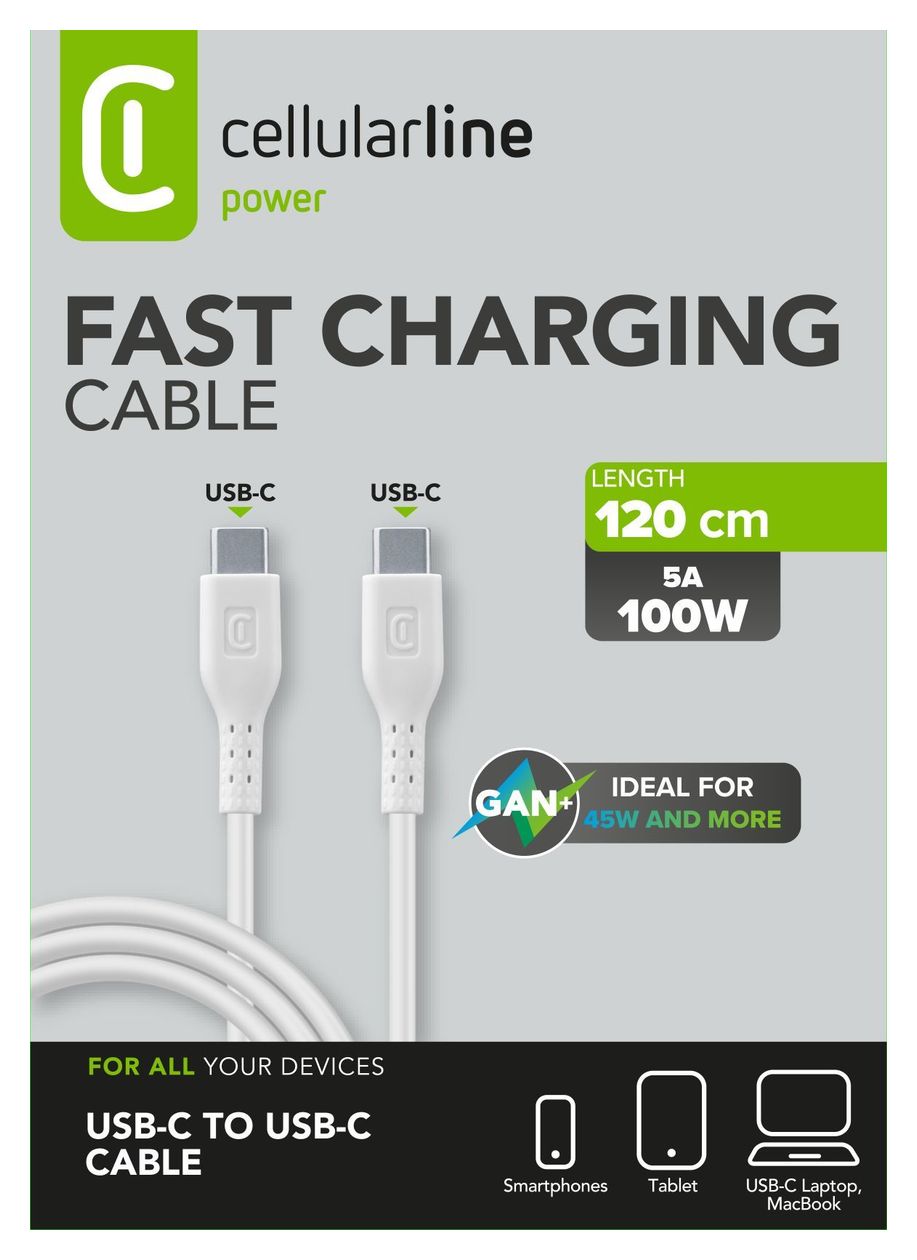 Power Data Cable Rundkabel USB C auf USB C Männlich bis 100 W 1,2 m  (Weiß) 