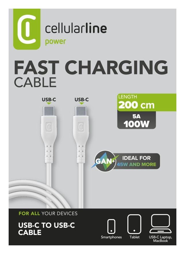 Power Data Cable Rundkabel USB C auf USB C Männlich bis 100 W 2 m  (Weiß) 