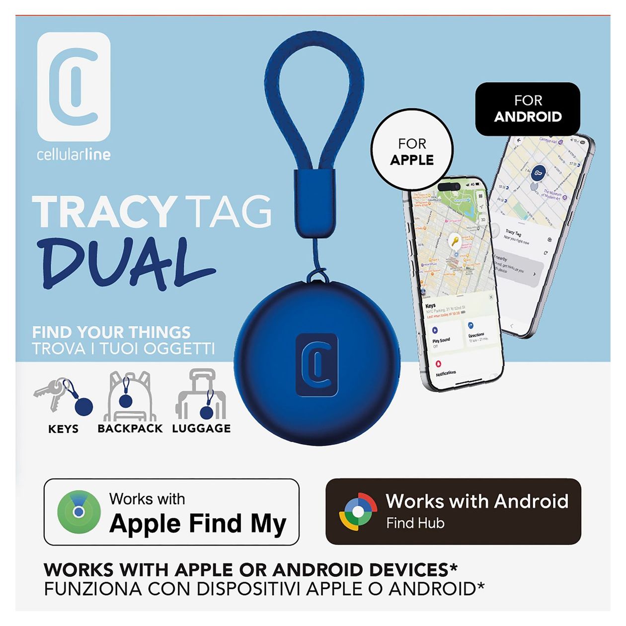 Tracy Tag Dual Apple’s Find My app, Google’s Find Hub app  (Blau) 