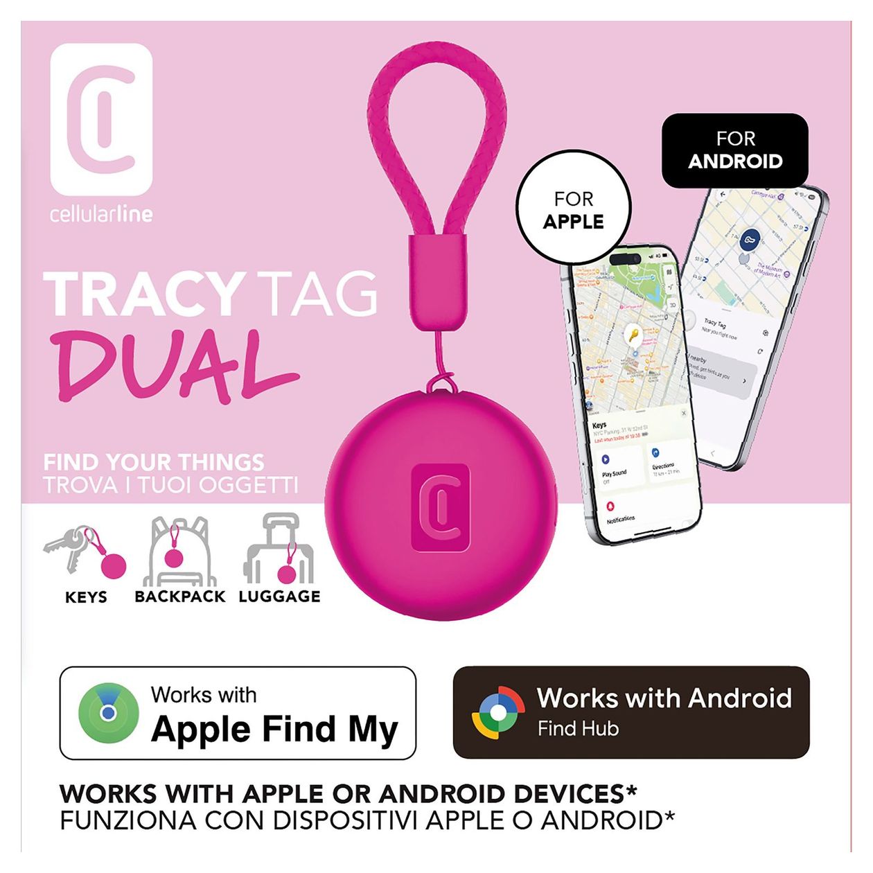 Tracy Tag Dual Apple’s Find My app, Google’s Find Hub app  (Pink) 