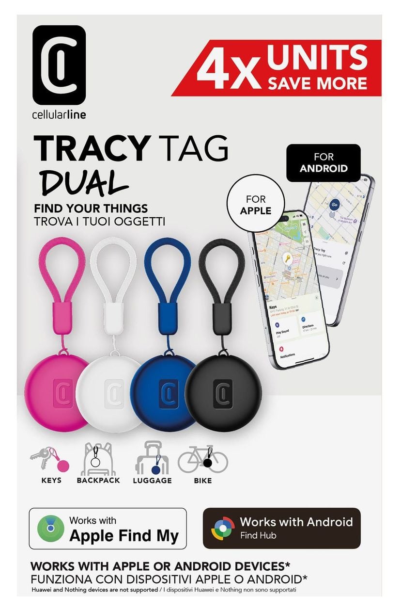 Tracy Tag Dual 4er Pack Apple’s Find My app, Google’s Find Hub app  (Mehrfarbig) 