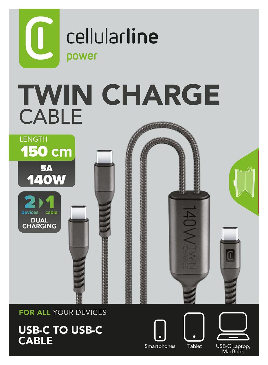 Twin Charge Cable Rundkabel USB C auf 2 x USB C Männlich bis 120 W 1,5 m  (Schwarz) 