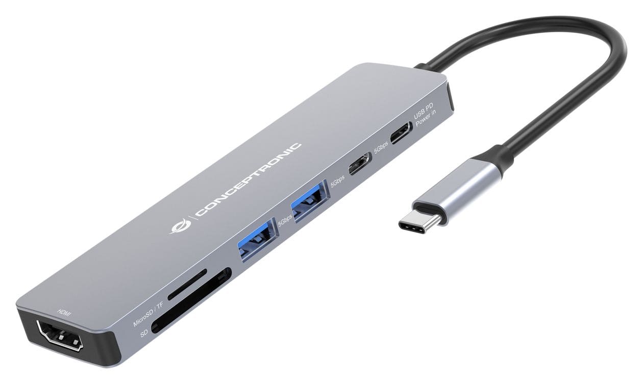 DONN28G 7-in-1 USB 3.2 Gen 1 Dockingstation, 4K60Hz HDMI, USB-A 5Gbps x 2, USB-C 5Gbps, SD, TF/MicroSD, 100W USB PD 