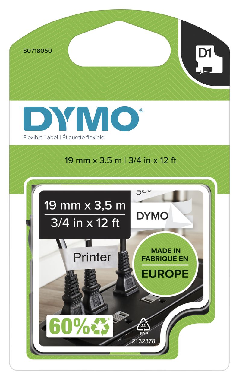 DYMO Original D1 Hochleistungs-Etikettenband | schwarz auf weiß |19 mm x 3,5 m | permanent haftendes Nylon- Schriftband | für LabelManager-Beschriftungsgerät 