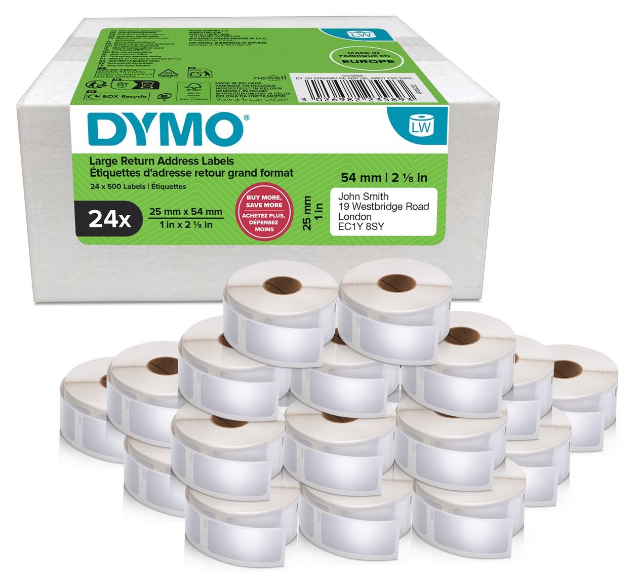 DYMO Original LabelWriter Rücksendeadressetiketten | 25mm x 54mm | 24 Rollen mit je 500 leicht ablösbaren Etiketten (12.000 Stück) | selbstklebend | Beschriftungsgerät für LabelWriter Etikettendrucker 