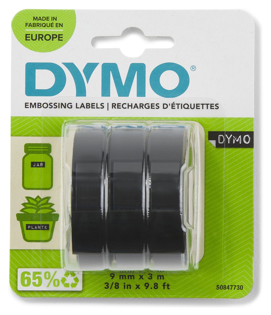 DYMO Original Prägeband | 3D weiß auf schwarz | 9 mm x 3 m | selbstklebendes Kunststoff Etikettenband | für Junior & Omega Beschriftungsgerät | 3 Prägebänder 