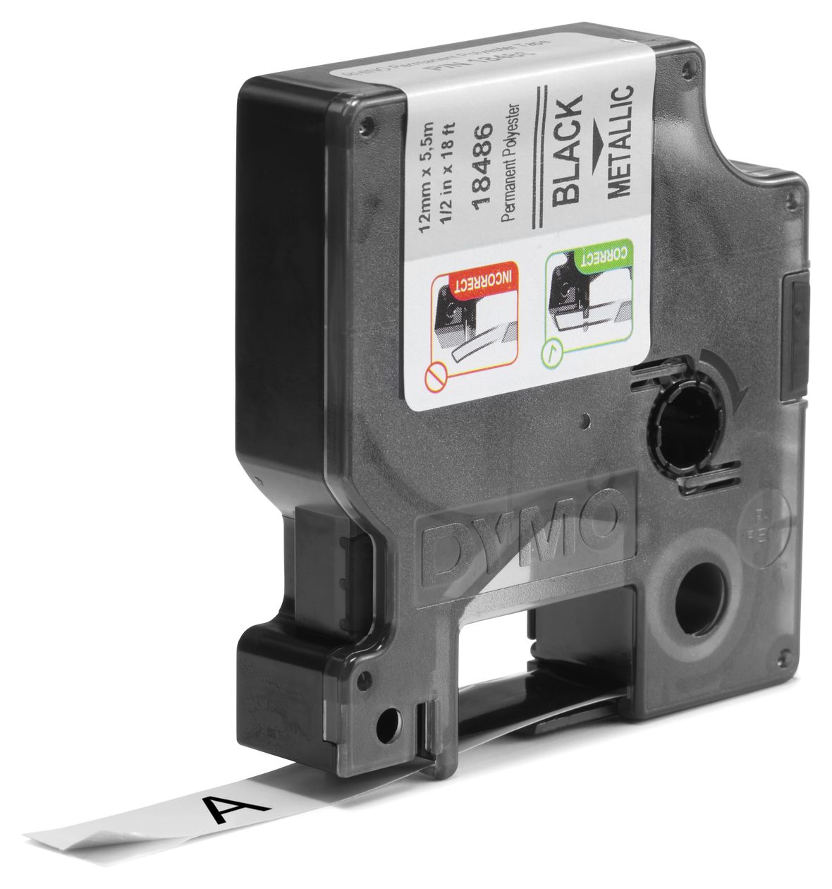 DYMO Rhino Industrie Permanente Polyesteretiketten | 12 mm x 5,5 m | Schwarz auf Metallic | selbstklebendes Schriftband | für DYMO Rhino und LabelManager Beschriftungsgerät 