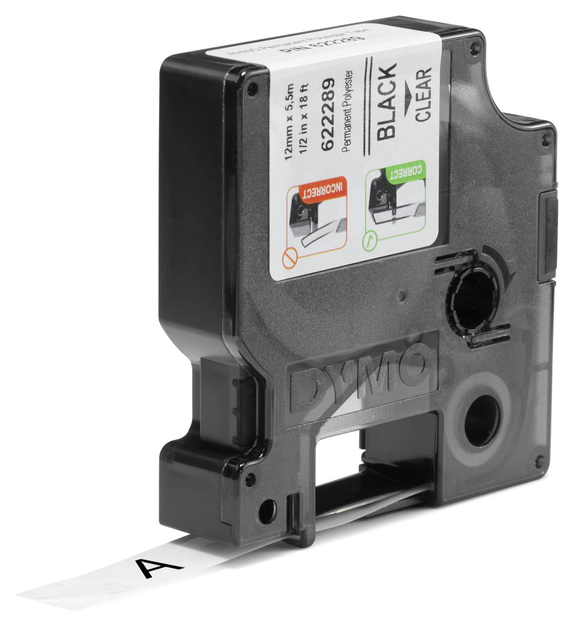 DYMO Rhino Industrie Permanente Polyesteretiketten | 12 mm x 5,5 m | Schwarz auf Transparent | selbstklebendes Schriftband | für DYMO Rhino und LabelManager Beschriftungsgerät 