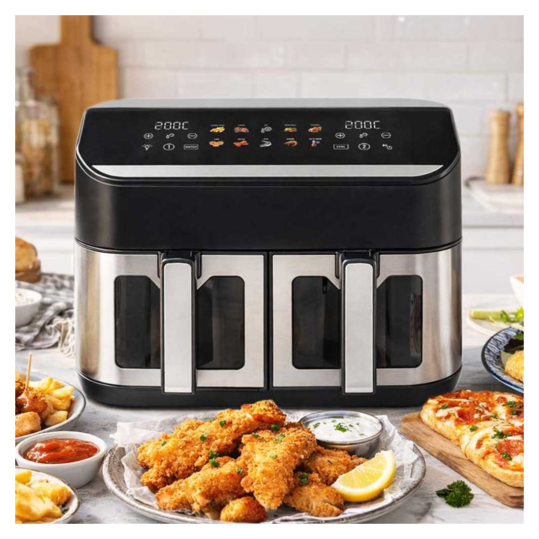 42586 Duo Family Doppel Heißluftfritteuse 9 l 2900 W  (Schwarz, Edelstahl) 