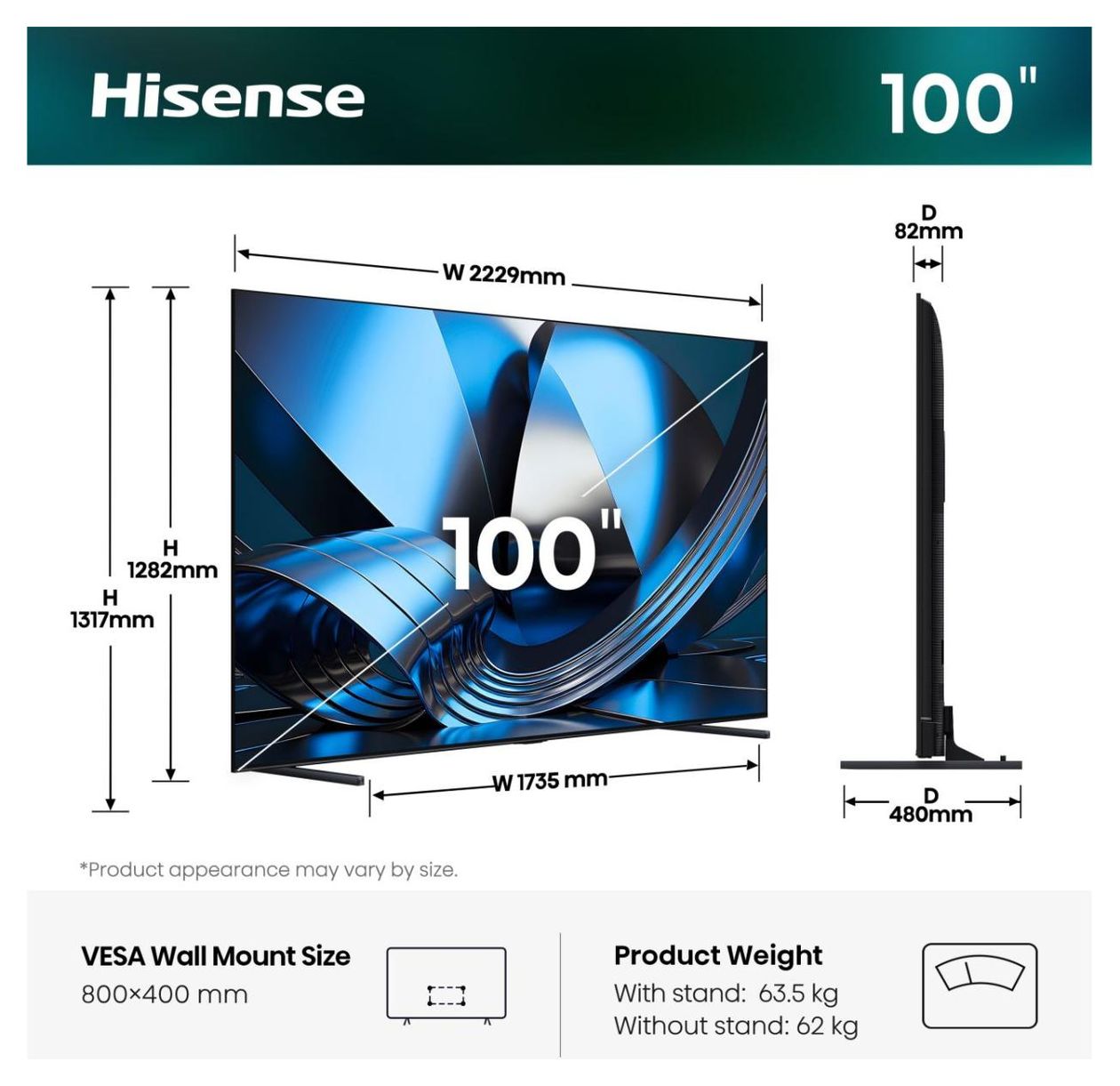 100U7DSE LED 2,54 m (100 Zoll) Fernseher 4K Ultra HD VESA 800 x 400 mm  (Schwarz, Grau) 