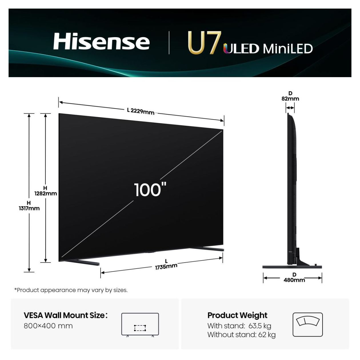 100U7Q LED 2,54 m (100 Zoll) Fernseher 4K Ultra HD VESA 800 x 400 mm 