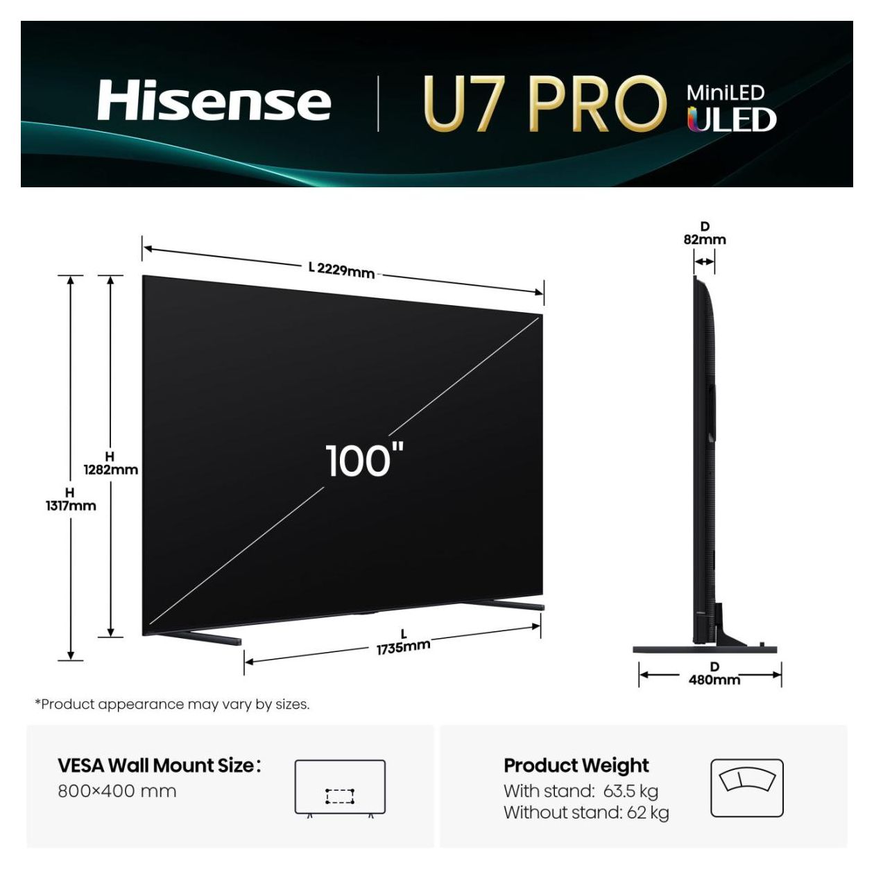 100U7Q Pro LED 2,54 m (100 Zoll) Fernseher 4K Ultra HD VESA 800 x 400 mm 
