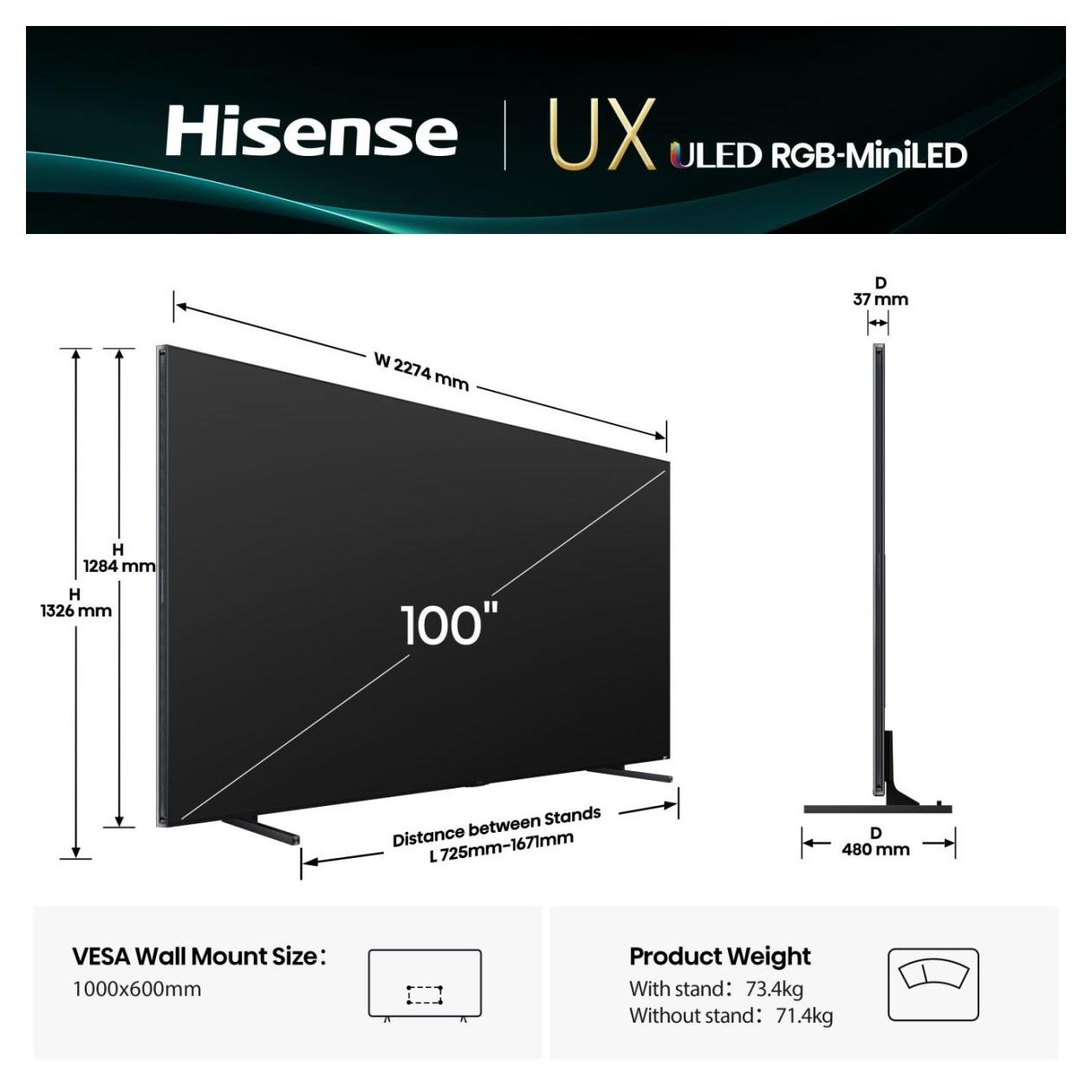 100UXQ LCD/TFT 2,54 m (100 Zoll) Fernseher 4K Ultra HD VESA 1000 x 600 mm  (Schwarz, Grau) 