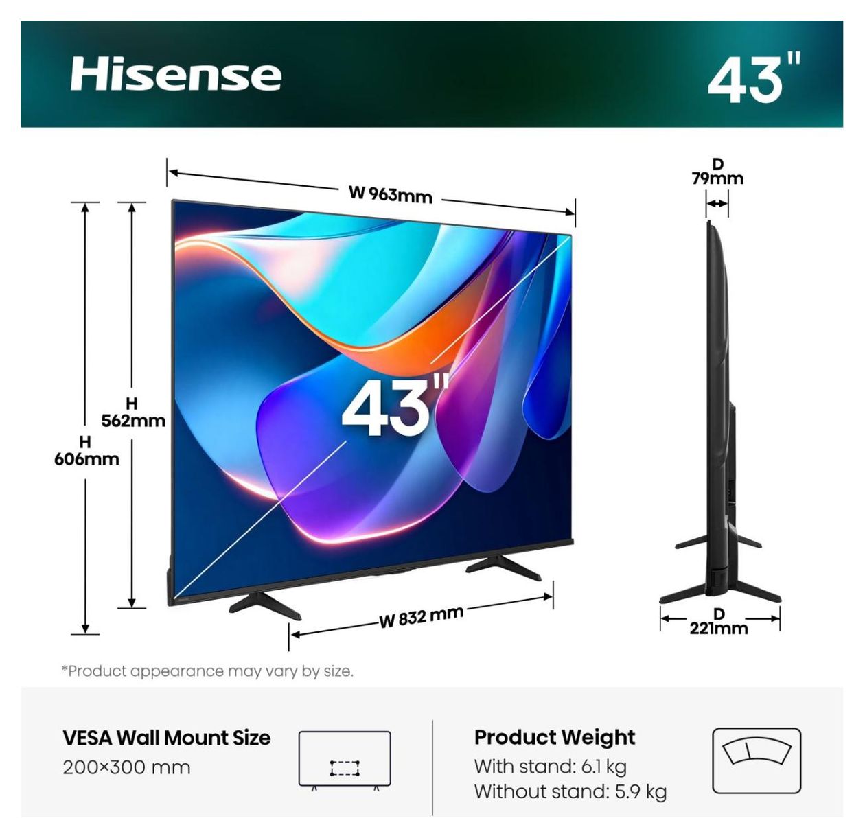 43A6S LED 109,2 cm (43 Zoll) Fernseher 4K Ultra HD VESA 200 x 300 mm 