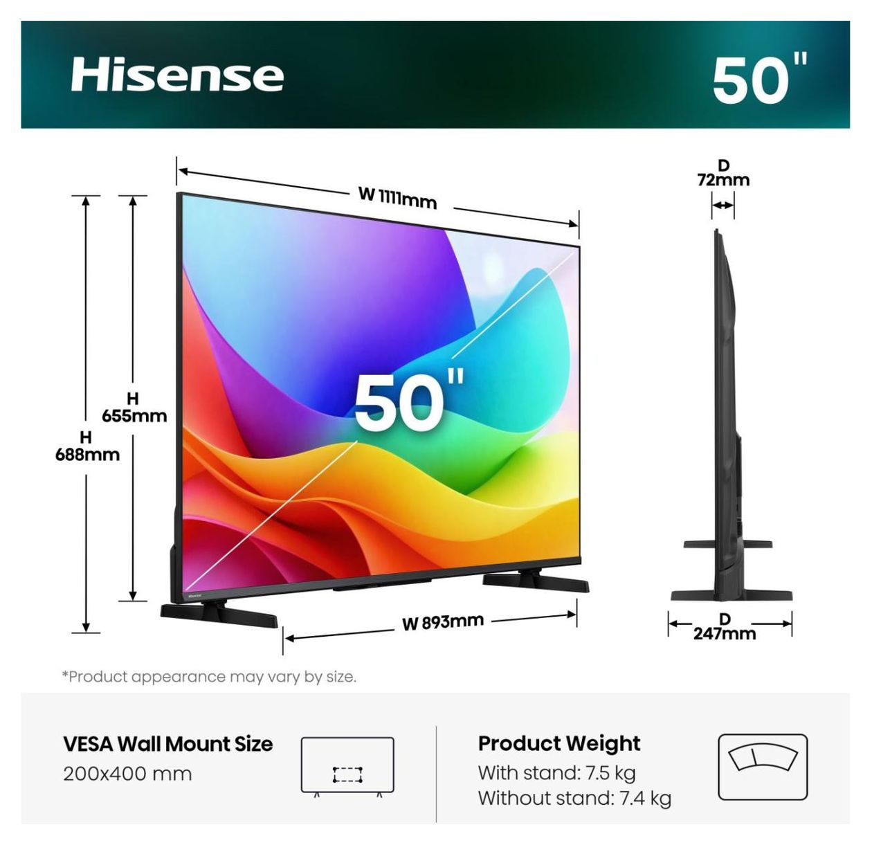 50A5DS LED 127 cm (50 Zoll) Fernseher Full HD VESA 200 x 400 mm 