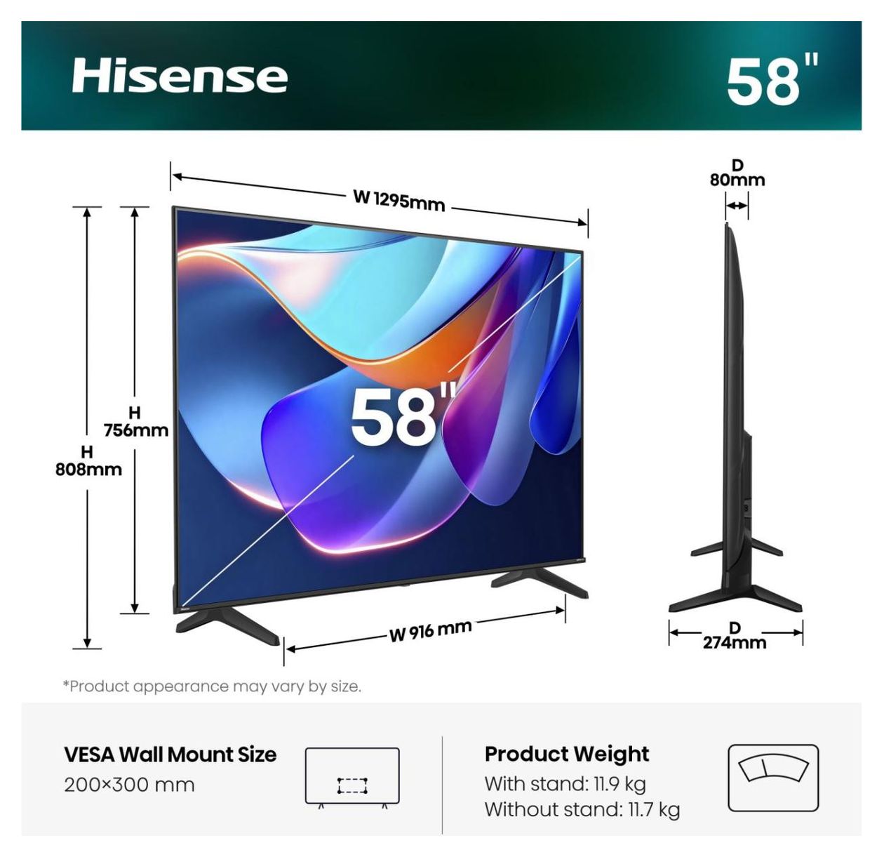58A6S LED 147,3 cm (58 Zoll) Fernseher 4K Ultra HD VESA 200 x 300 mm 