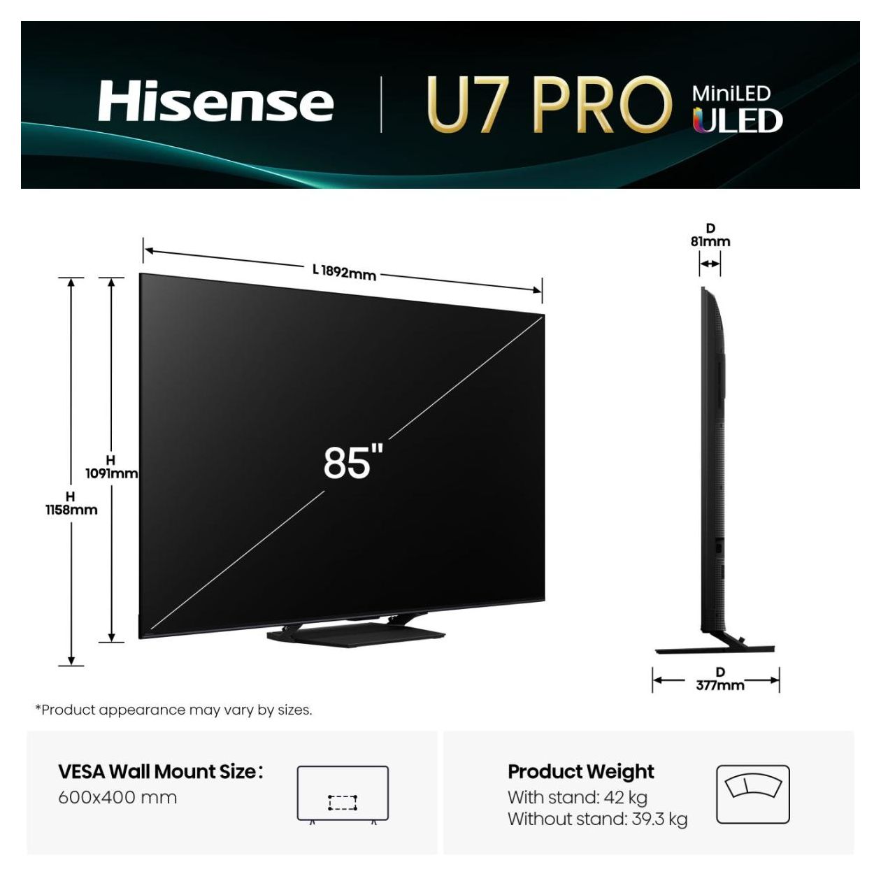 85U7Q Pro LED 2,16 m (85 Zoll) Fernseher 4K Ultra HD VESA 600 x 400 mm 