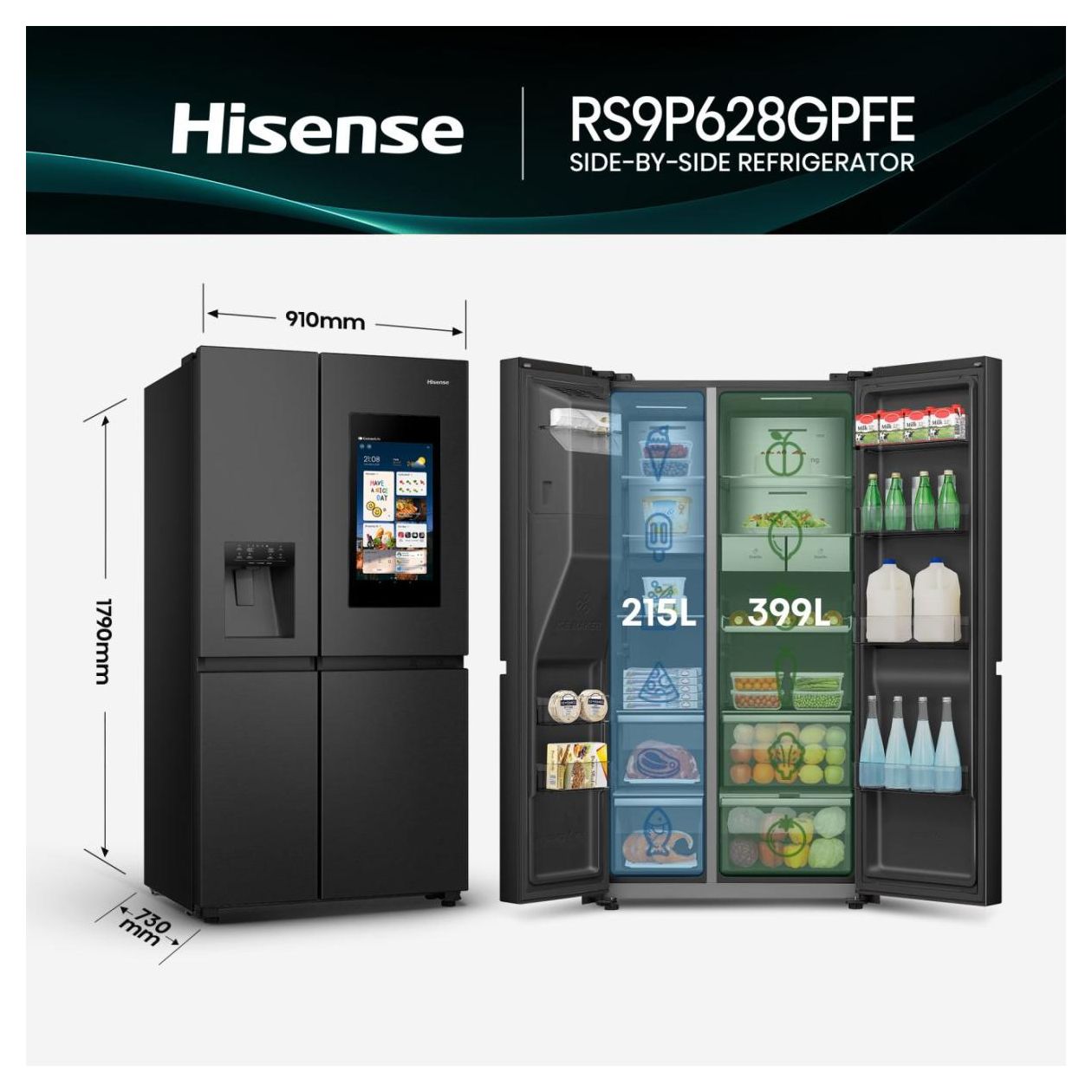 RS9P628GPFE Side-by-Side Kühl-/ Gefrierkombination 399 l / 200 l 343 kWh NoFrost 1790 mm x 910 mm  (Schwarz) 