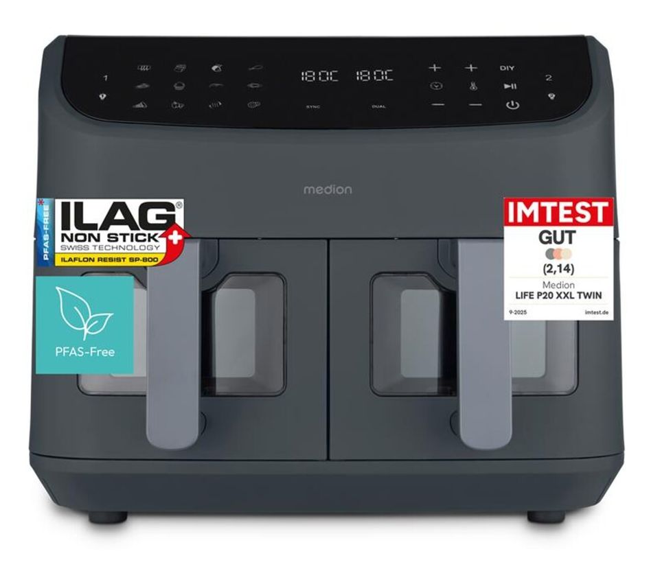 Life P20 XXL Twin Doppel Heißluftfritteuse 8,7 l 2600 W  (Schwarz) 