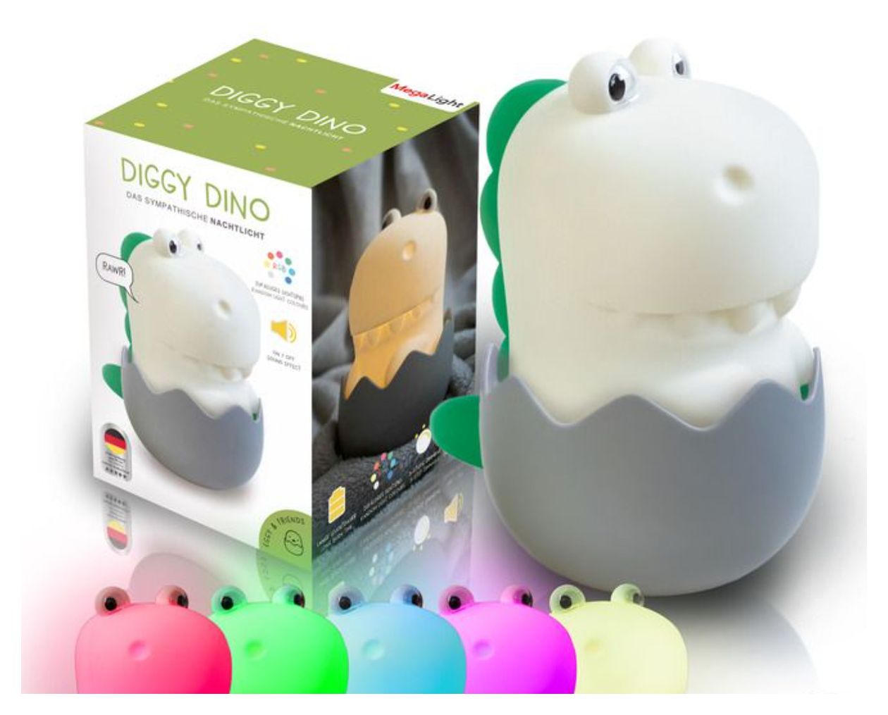 MegaLight Diggy Dino Nachtlicht Warmweiß (3000K) Blau, Grün, Pink, Rot, Weiß, Gelb Batterie/Akku 