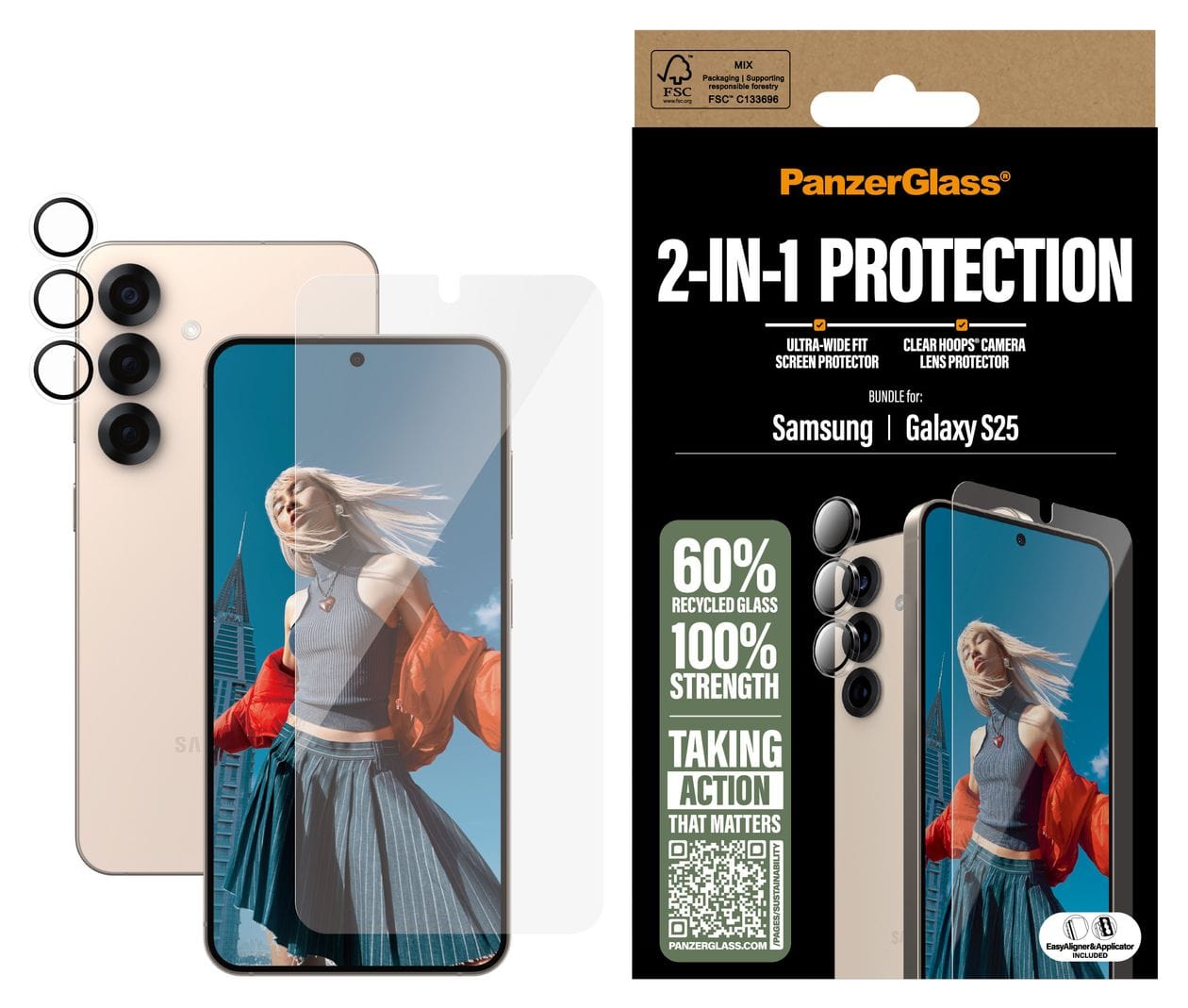 2-in-1 Bundle - Schutzkit Display/Objektiv Klare Bildschirmschutzfolie Gehärtetes Glas, Silikon, Polyethylenterephthalat für Samsung Galaxy S25 