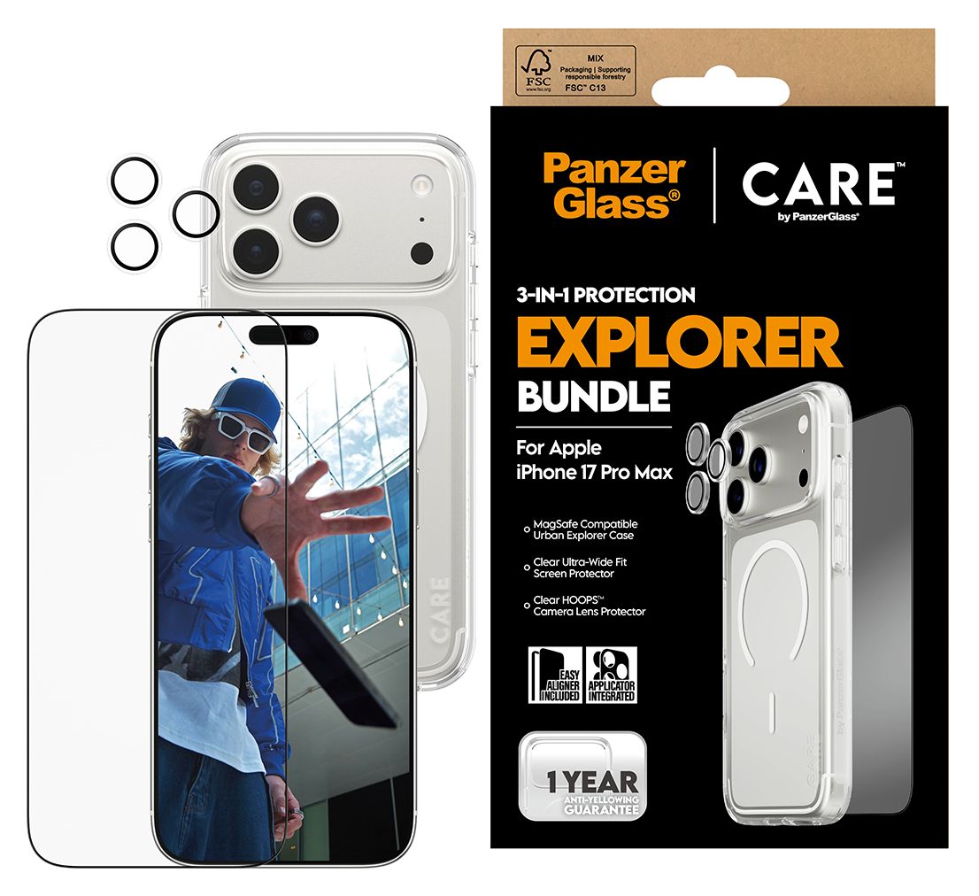 3-in-1 Explorer Set Cover Klare Bildschirmschutzfolie TPU, Gehärtetes Glas, Polyethylenterephthalat, Silikon für Apple iPhone 17 Pro Max 