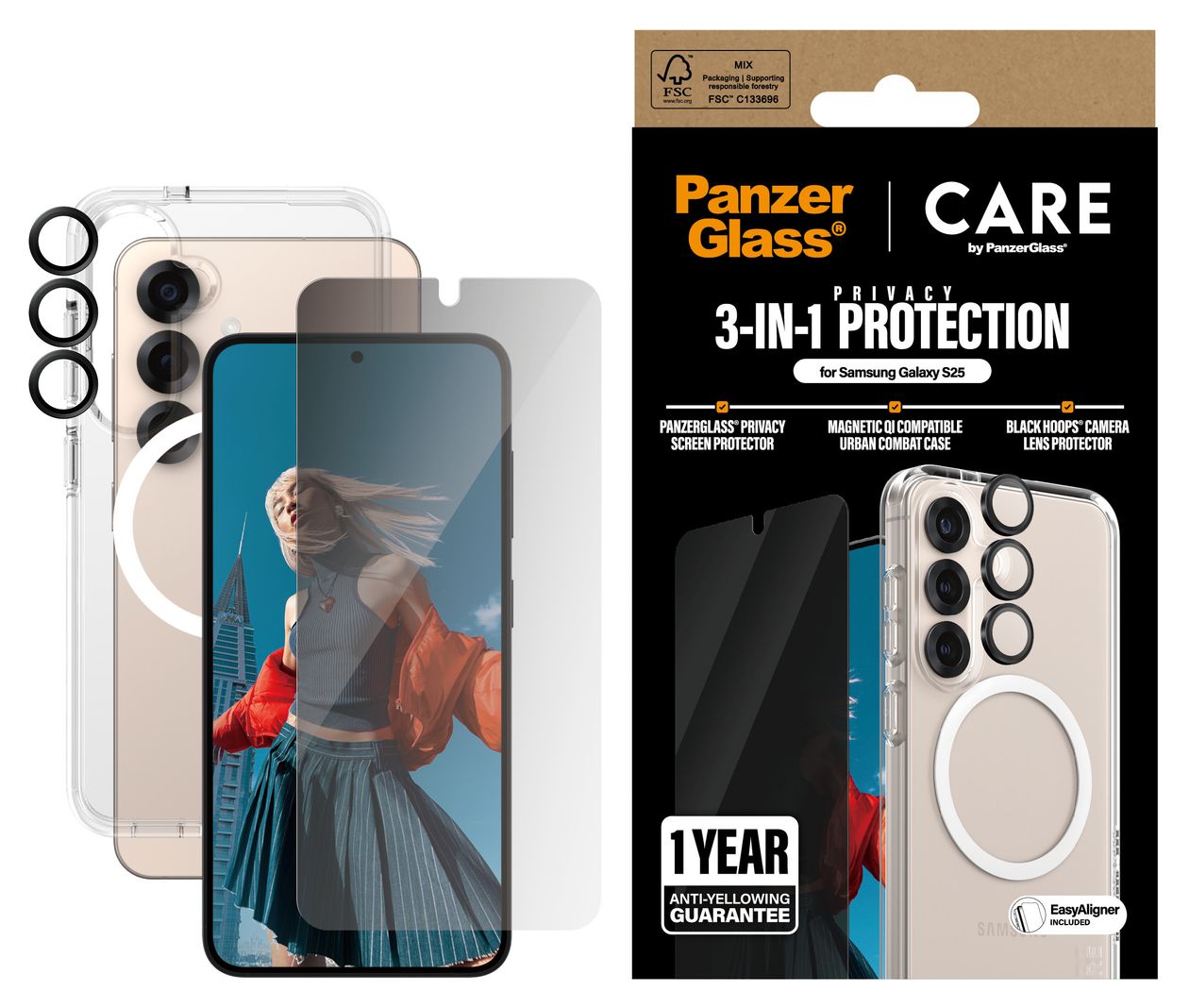 38388  3-in-1 Privacy Set Klare Bildschirmschutzfolie Thermoplastische Polyurethane (TPU), Gehärtetes Glas, Polyethylenterephthalat, Silikon für  Samsung Samsung - Galaxy S25 Kratzresistent, Schockresistent 