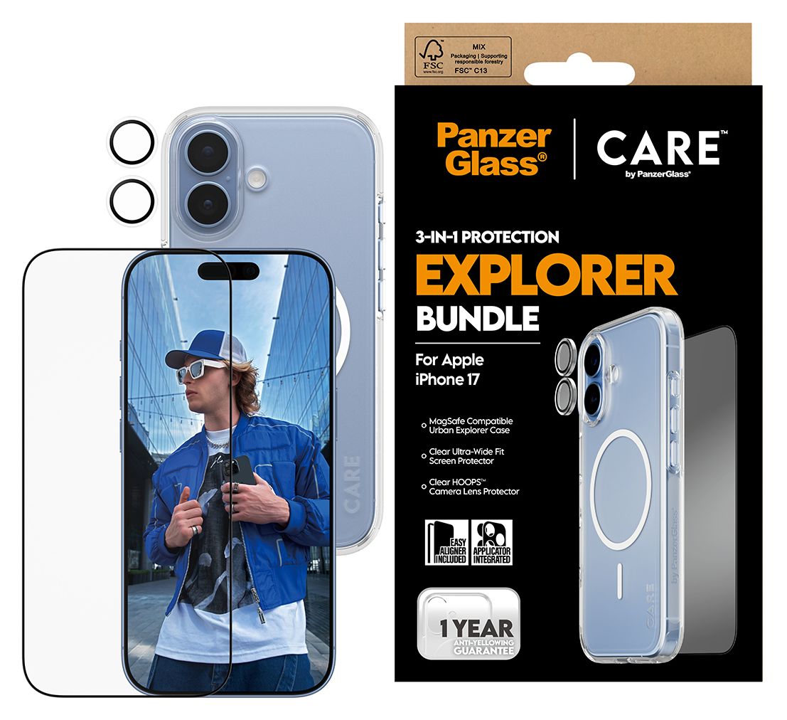 46095 3-in-1 Explorer Set Klare Bildschirmschutzfolie Gehärtetes Glas, Polyethylenterephthalat, Silikon für  Apple Apple - iPhone 17 Kratzresistent, Schockresistent 