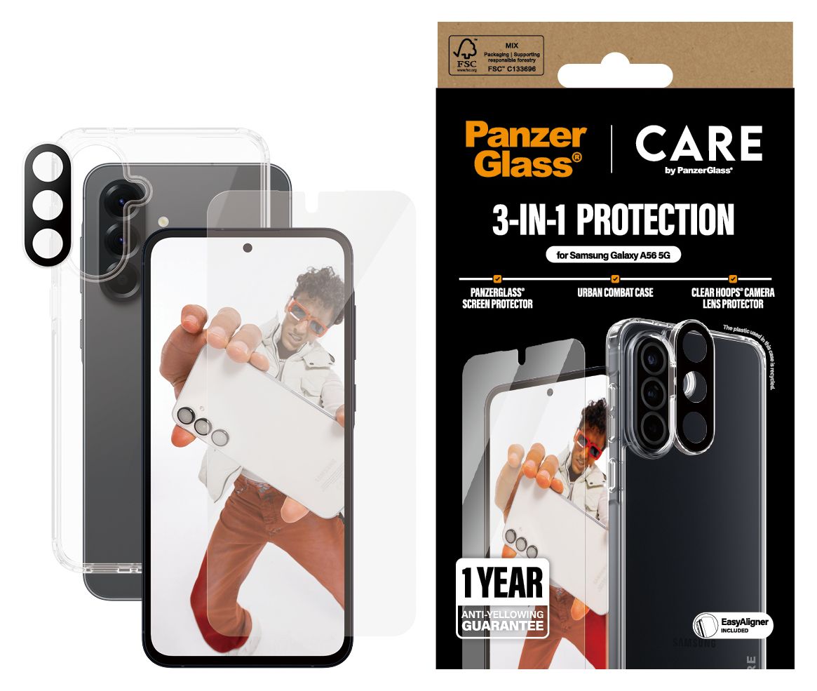 Flagship 3-in-1 Set Klare Bildschirmschutzfolie Gehärtetes Glas, Polyethylenterephthalat, Silikon, TPU für Samsung Galaxy A56 
