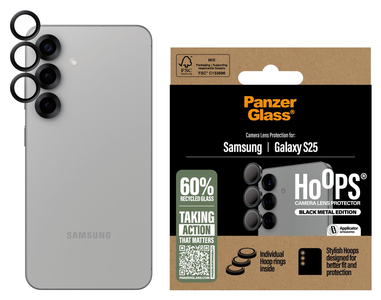 Hoops Kameraobjektivschutz Gehärtetes Glas, Silikon für Samsung Galaxy S25 