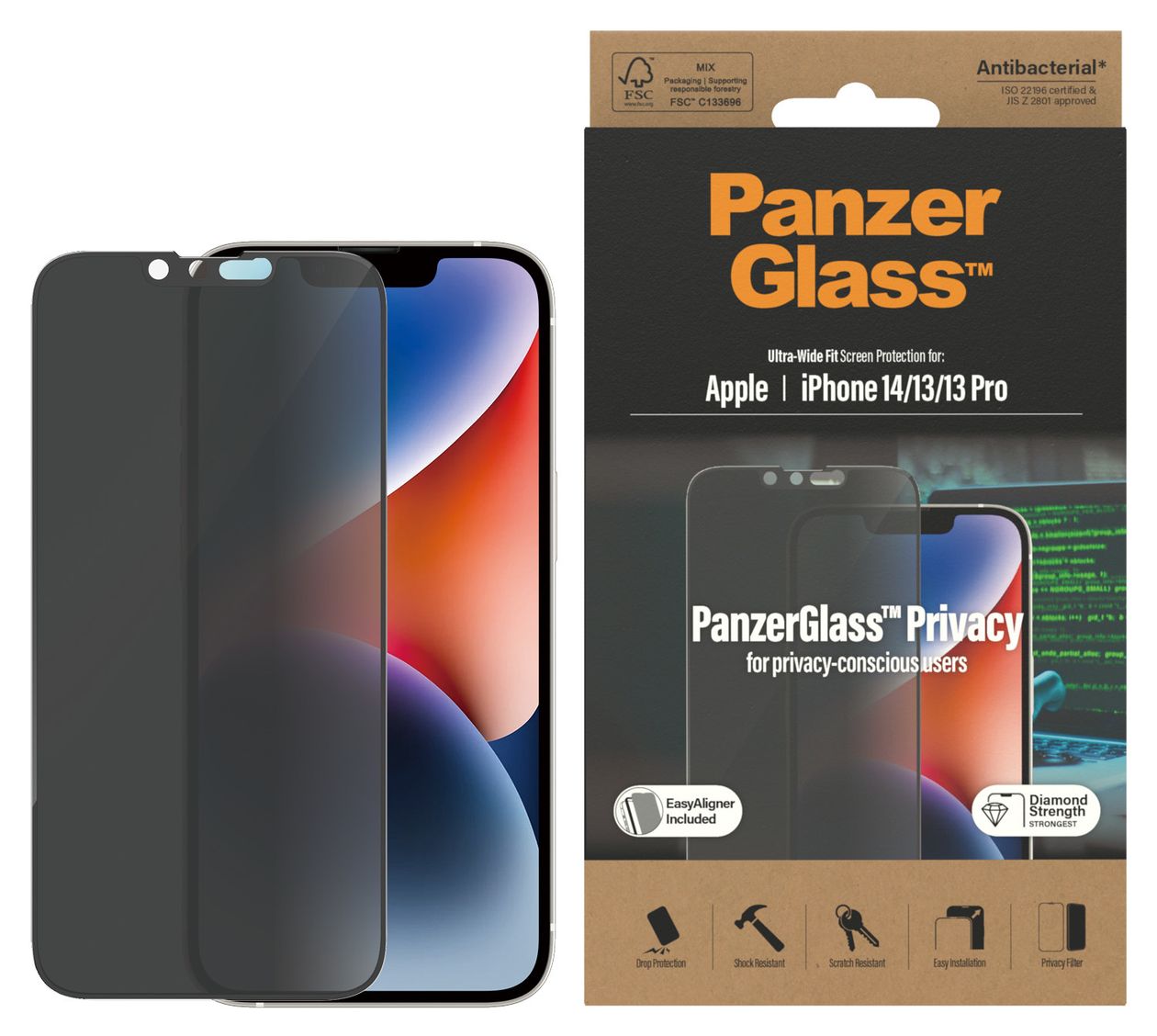 P2783 Privacy Screen Protector Klare Bildschirmschutzfolie Gehärtetes Glas, Polyethylenterephthalat, Silikon für  Apple iPhone 14, iPhone 13, iPhone 13 Pro Kratzresistent, Schockresistent 