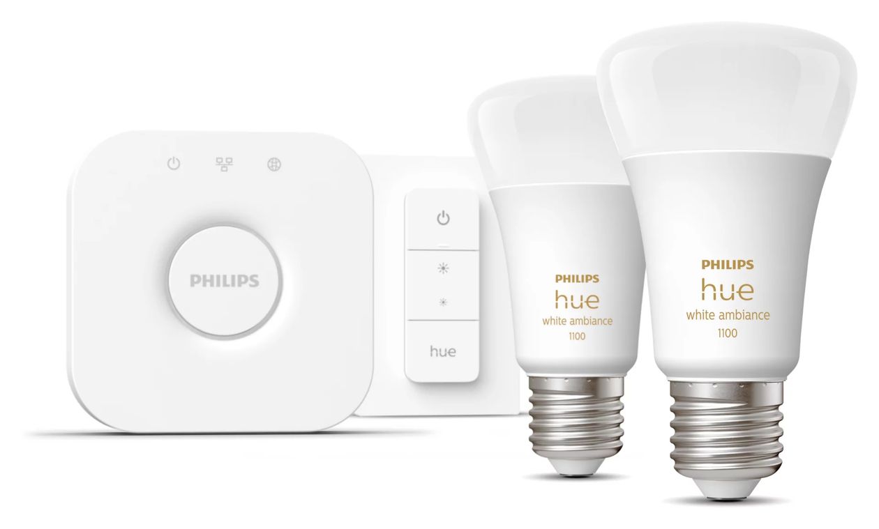 Hue White Ambience Starterset: E27 Lampe A60 Doppelpack + Dimmschalter LED Set für intelligente Beleuchtung 1100 mm Warmweiß, Kaltweiße 
