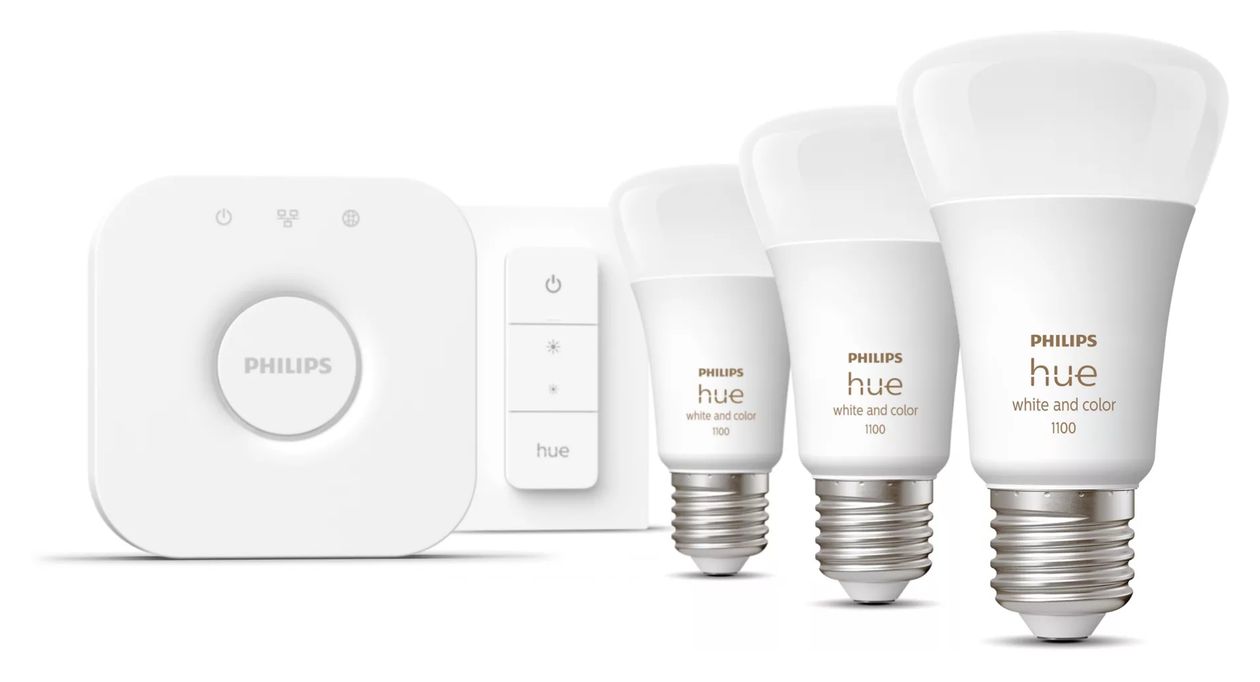 Hue White and Color Ambiance Starterset 3xE27 + Bridge + 1 Dimmschalter LED Set für intelligente Beleuchtung 