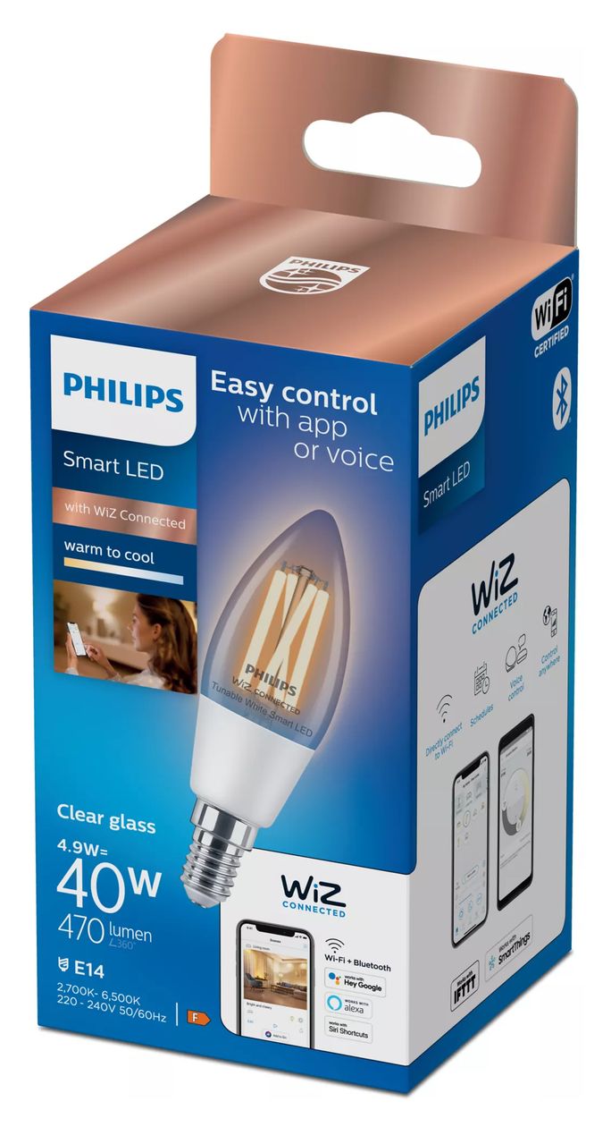 Smart LED Kerzenform klar 4,9 W (entspr. 40 W) C35 E14 LED Intelligentes Leuchtmittel 113 mm Weiß 