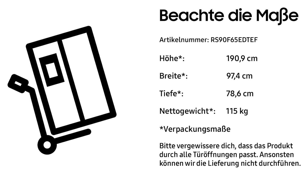 RS90F65EDT Side-by-Side Kühl-/ Gefrierkombination 420 l / 220 l 349 kWh 1784 mm x 912 mm  (Edelstahl) 