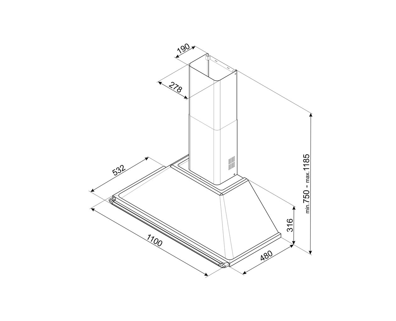 KT110GRE Abluft/Umluft Dunstabzugshaube/Esse Wand 1100 mm (Grau) 