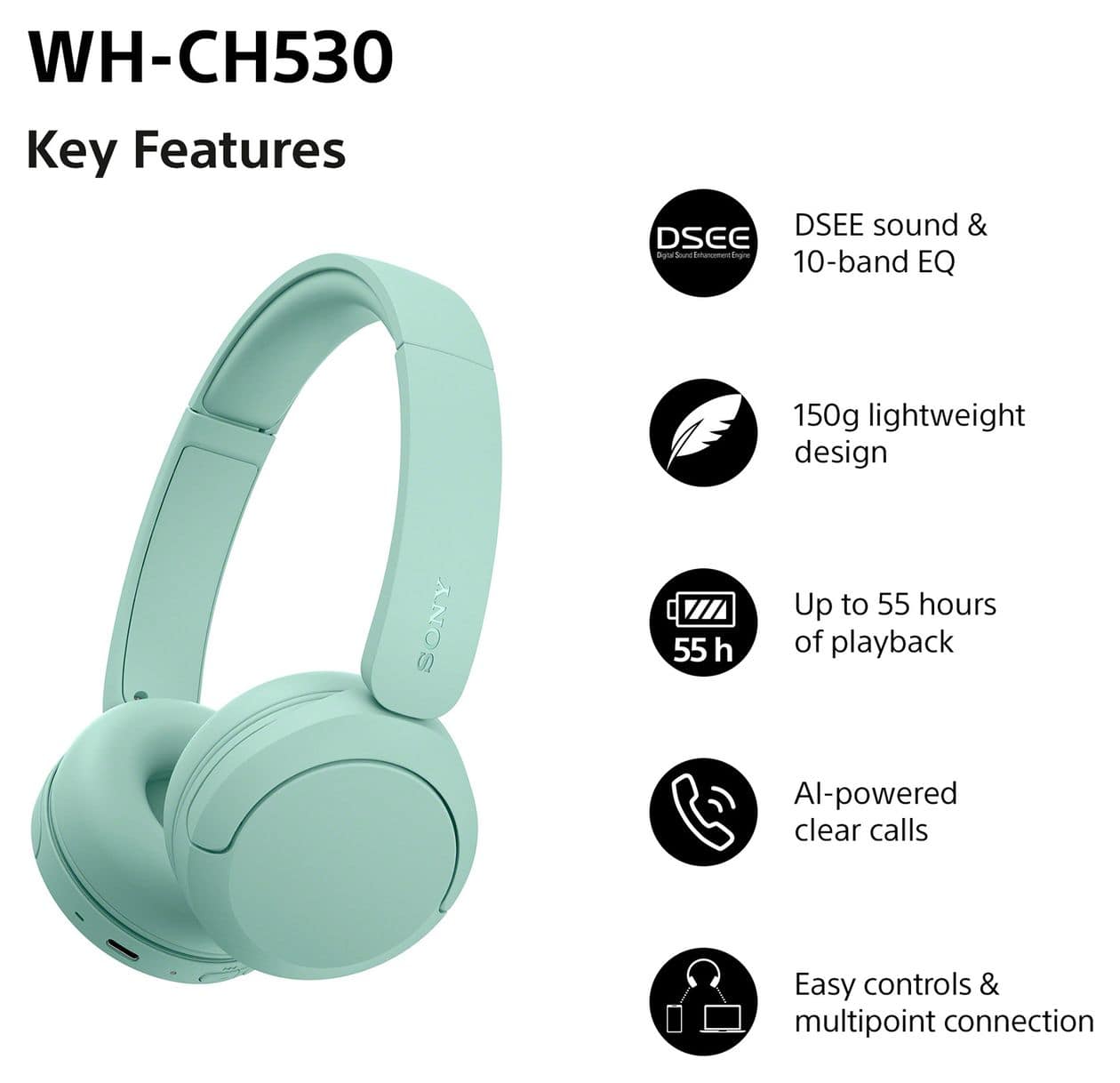 WH-CH530 On-Ear Bluetooth Kopfhörer kabellos 55 h Laufzeit USB Typ-C  (Mint) 